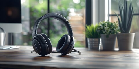 Wireless Headphones on Desk with Lush Greenery Backdrop for Peaceful Workspace