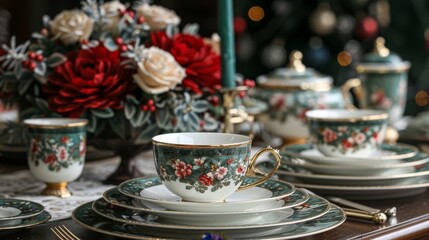 Wall Mural -  A picture displays a cup and saucer on a table surrounded by dishes, with a flower vase visible in the backdrop