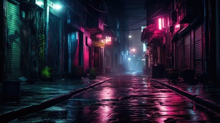 Dark street in cyberpunk city, gloomy alley with neon lighting