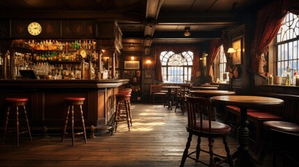 old bar scene. traditional or british style bar or pub interior, with wooden paneling