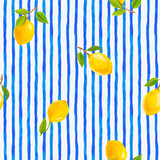 Fototapeta Sypialnia - Beautiful fresh summer design with watercolor yellow lemon fruits and blue stripes on the background. Stock illustration. Ready print for textile. Seamless pattern.
