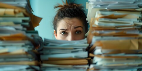 Bureaucratic Burden:Sighing at a Stack of Unopened Letters in Cluttered Office Workspace