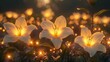  A cluster of white blossoms with illuminations in the center of the flowers and surrounding them forms a hazy backdrop