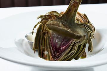 A view of a half of an artichoke.