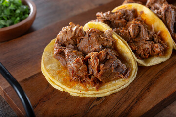 Wall Mural - A closeup view of some beef birria tacos.