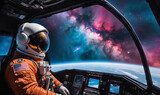 Fototapeta  - cockpit of a spacecraft, a lone astronaut gazes out the window at the breathtaking sight of a nearby nebula, vibrant colors swirling in the vastness of space, accompanied by a mix of excitement and se
