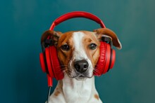 Dog Jack Russel Terrier In Red Headphones On Blue Background