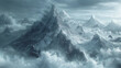 A panoramic view of a majestic mountain range covered in snow with clouds partially enveloping the peaks, conveying a serene yet powerful atmosphere of a natural winter landscape.