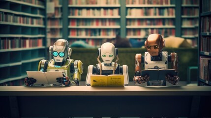 Three humanoid robots reading books in a library, The machine learning of artificial intelligence