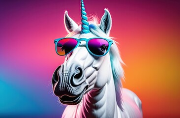 Funny unicorn wearing sunglasses in studio with a colorful and bright background.	
