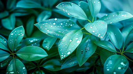 Wall Mural - Fresh Green Leaves After Rain, Bright and Natural Water Drops Detail