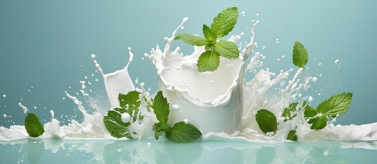 Wall Mural - A clear glass filled with white milk and adorned with vibrant green mint leaves, creating a refreshing and healthy drink