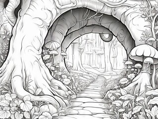 Enchanted forest pathway: mystical trees tunnel in monochrome - fantasy woodland background for coloring enthusiasts