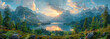 A panoramic view of the mountains and lake at sunrise, with rays piercing through clouds over an alpine meadow in front. Created with Ai