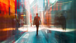 Blurred Motion of Businessman Walking in Vibrant City Street