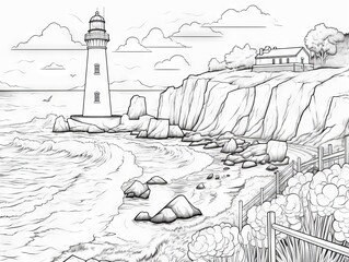 Lighthouse landscape coloring page for adults - serene mountain and ocean scenery with sun, rocks, and zentangle patterns for relaxation and creativity