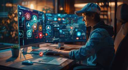 Wall Mural - A young woman in casual and a baseball cap is sitting at his desk, working on the computer with floating digital icons of social media platforms like Instagram or TikTok