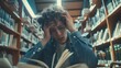 student man have anxiety because of exams, male prepare for test and learning lessons in the library. stress, despair, haste, misunderstanding reading, discouraged, expectation, knowledge, tired