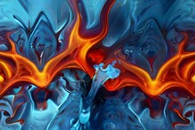 Fiery Tones Of The Flames Juxtaposed With The Cool Blue Hues Of The Ice. Generative AI