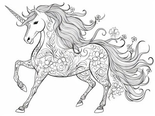 Wall Mural - Fantasy unicorn: hand-drawn, zen-tangle style horse sketch for relaxation and coloring enthusiasts, vector illustration