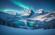 Blue winter landscape Mountains snow aurora borealis