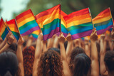 Fototapeta  - Pride month celebration parade with rainbow flags 