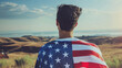 © Trendy Motion - Back view of Men wearing American flag. The concept of  History and Significance of July 4th,  american flag, memorial day,  american democracy,  usa patriotism, victory of us, Ai generated image