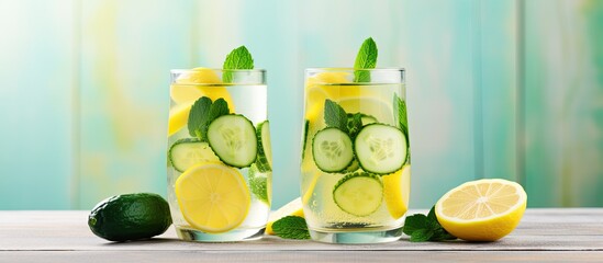 Wall Mural - Two transparent glass containers filled with refreshing lemonade garnished with slices of cucumber and fresh mint leaves