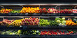  illustration of vegetable farmer market counter colorful various fresh organic healthy vegetables at grocery store. Healthy natural food concept.