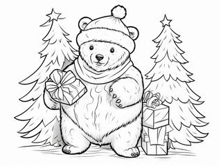 Wall Mural - Christmas bear coloring page - hand-drawn festive illustration in black outline, ideal for holiday activities and decorations