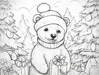 Christmas spirit: black and white coloring book page featuring a festive bear in a winter wonderland