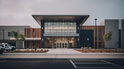 Modern sleek warehouse office building facility exterior architecture, steel, night, cloudy, overcast