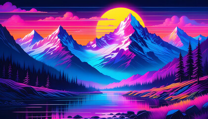 Wall Mural - A painting of a mountain landscape with neon colors and a blacklight effect