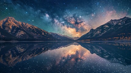 Landscape view with colorful light on sky and calm water at sunrise or sunset