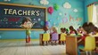 © cff999 - a cartoon , 3D, classroom with students, a teacher giving classes to his students, a large blackboard where it is written 'TEACHER'S DAY'