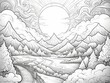 Fantasy coloring page with mountain landscape, clouds, and sunset road in cartoon doodle style