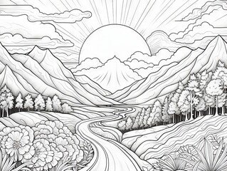 Wall Mural - Fantasy coloring page with mountain landscape, clouds, and sunset road in cartoon doodle style