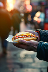 Close-up shot of man selling hotdog in busy city street with copy space