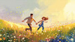 © Olga - a young man and a woman run through a blooming field holding hands
