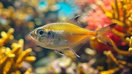  A fish in an aquarium, with coral in the foreground and blue sky in the background