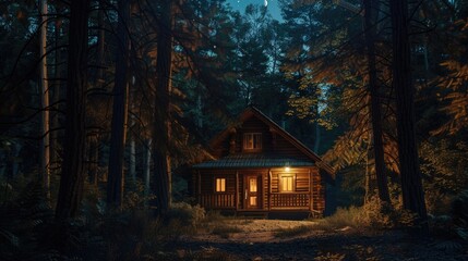 Poster - A cozy cabin nestled in a dark forest. Perfect for nature or horror themes