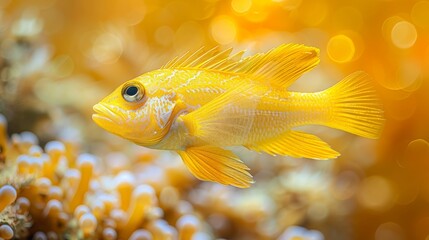  A yellow fish is seen in a close-up, surrounded by various corals in the background