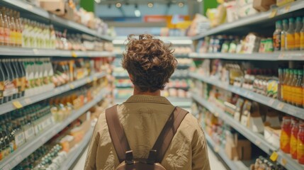 Sticker - A person with a backpack walking through a store aisle. Suitable for retail or shopping concepts