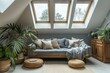 An interior design property featuring a living room with a couch, plants in flowerpots, and skylights for natural lighting. The wood floor complements the furniture and fixtures
