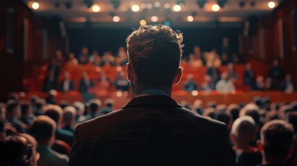 Wall Mural - A man standing in front of a crowd of people. Suitable for business presentations