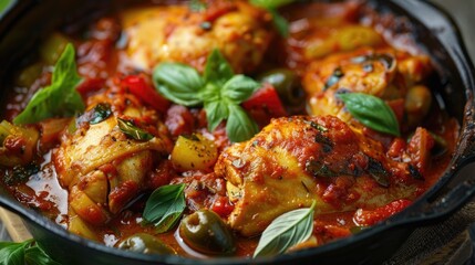 Wall Mural - Close up of a delicious pan of food with meat and vegetables. Ideal for food blogs and recipe websites