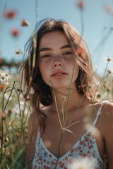 Wall Mural - A beautiful young woman standing in a field of flowers. Perfect for nature and beauty concepts