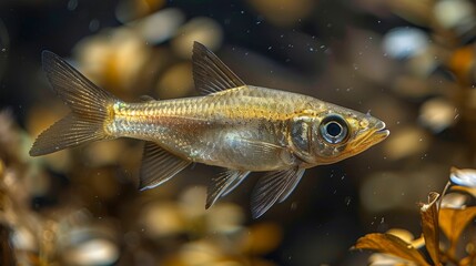  A close-up image of a fish in a water body with plants in the foreground and another fish in the backdrop