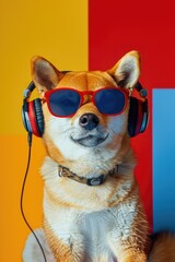 Sticker - A dog sitting on a table wearing sunglasses and headphones. Perfect for music or pet related designs