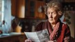 Senior woman reading newspaper in cozy kitchen. Perfect for lifestyle blogs or senior living brochures
